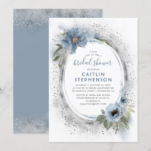Dusty Blue and Silver Glitter Floral Bridal Shower Invitation