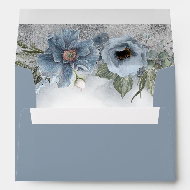 Dusty Blue and Silver Glitter Floral Modern Envelope (Back (Bottom))