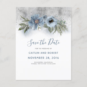 Dusty Blue and Silver Glitter Floral Save the Date Announcement Postcard