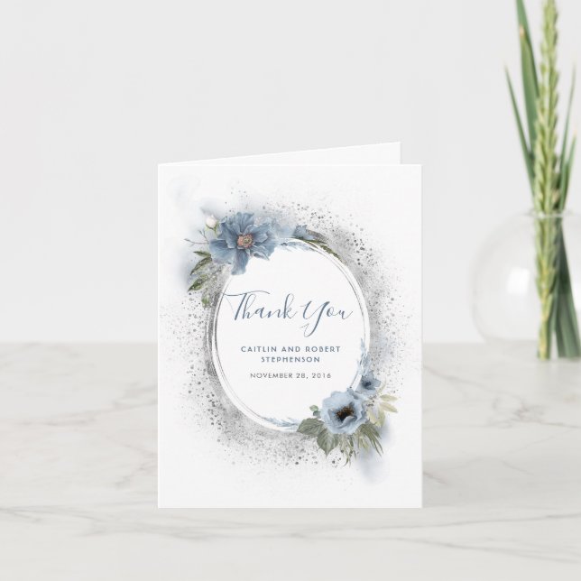 Dusty Blue and Silver Glitter Floral Thank You Card (Front)
