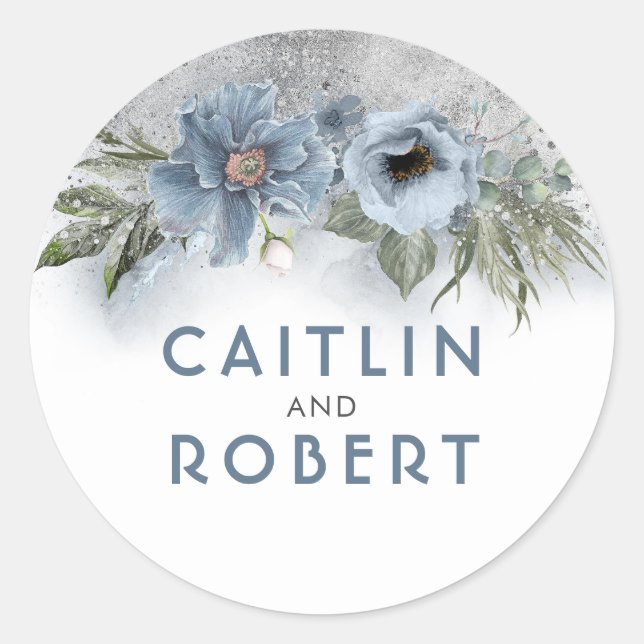Dusty Blue and Silver Glitter Floral Wedding Classic Round Sticker (Front)