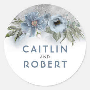 Dusty Blue and Silver Glitter Floral Wedding Classic Round Sticker