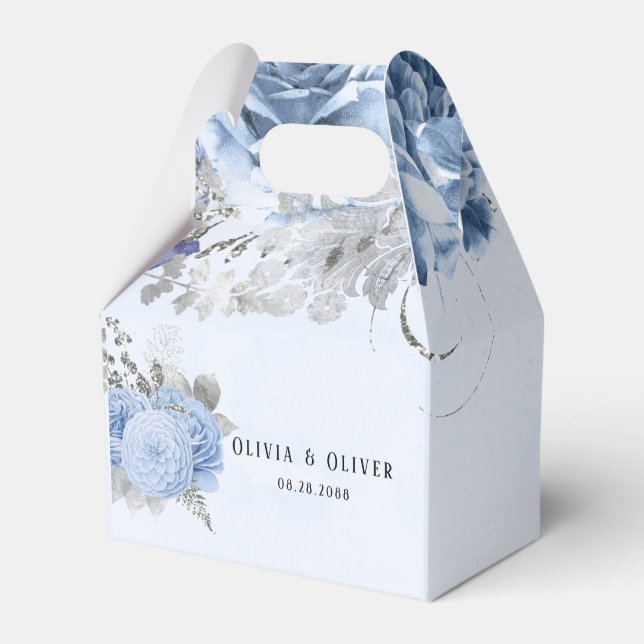 Dusty Blue and Silver Glitter Florals Wedding Favour Box (Front Side)