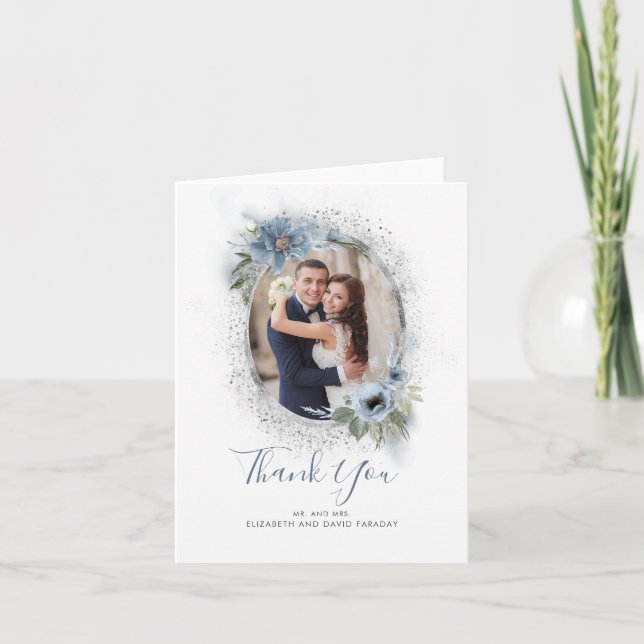 Dusty Blue and Silver Glitter Thank You Photo Card (Front)