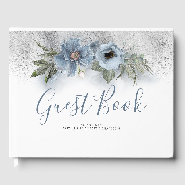Dusty Blue and Silver Glitter Wedding Guest Book (Front)