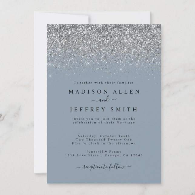 Dusty Blue and Silver Glitter Wedding Invitation (Front)