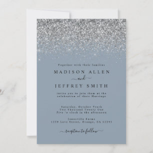 Dusty Blue and Silver Glitter Wedding Invitation