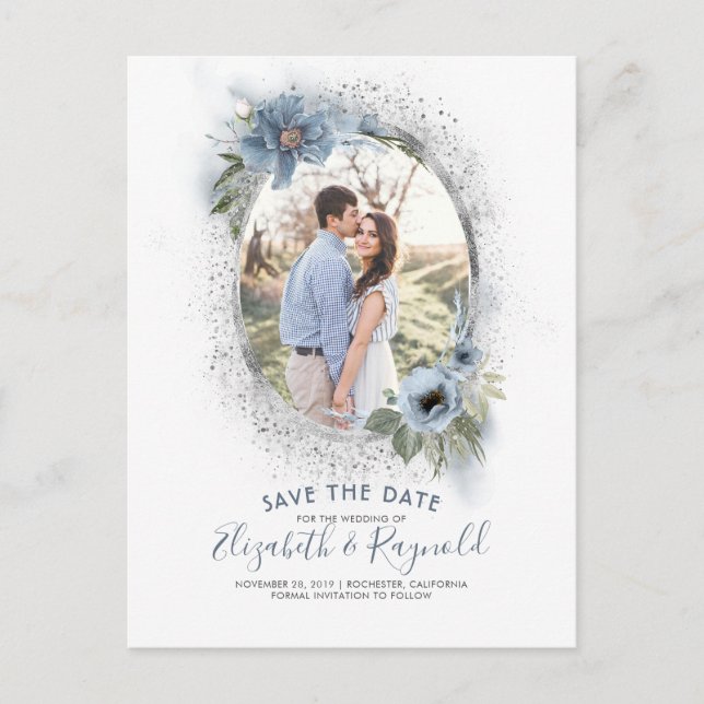 Dusty Blue and Silver Photo Save the Date Announcement Postcard (Front)