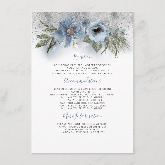 Dusty Blue And Silver Wedding Information Guest Enclosure Card (Front)