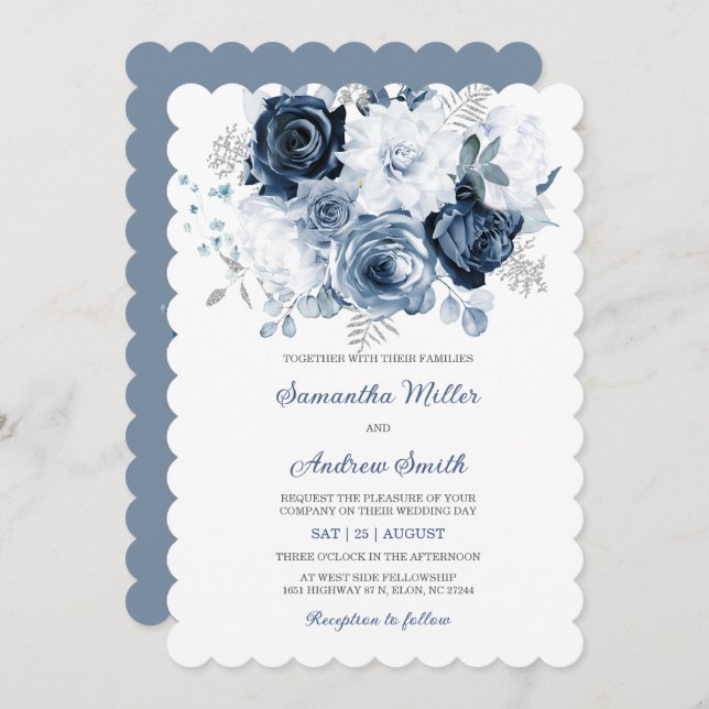 Dusty Blue and Silver Wedding Invitation (Front/Back)