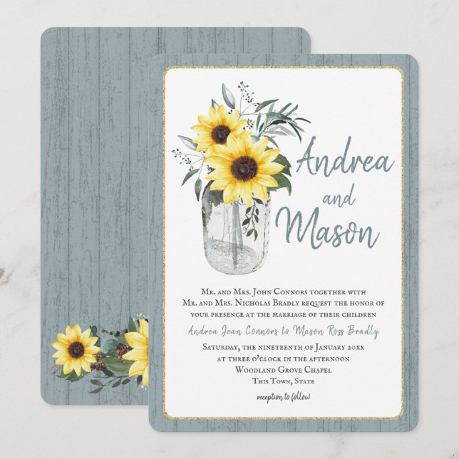 Dusty Blue and Sunflower Jar Rustic Wedding Invitation (Front/Back)