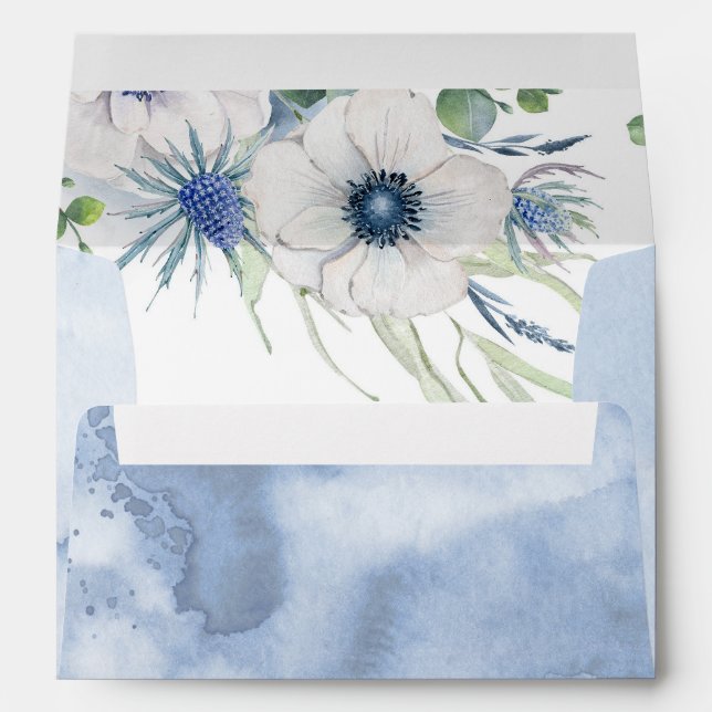 Dusty Blue and Thistle Anemones Floral Modern Envelope (Back (Bottom))