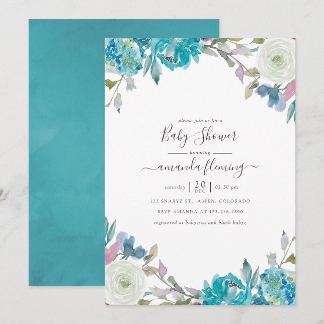 Dusty Blue and Turquoise Floral Baby Shower Invitation (Front/Back)