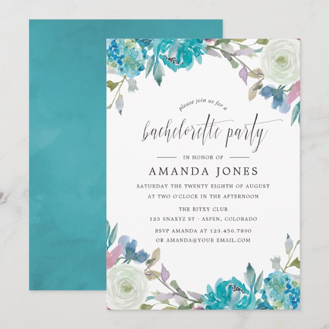 Dusty Blue and Turquoise Floral Bachelorette Party Invitation (Front/Back)