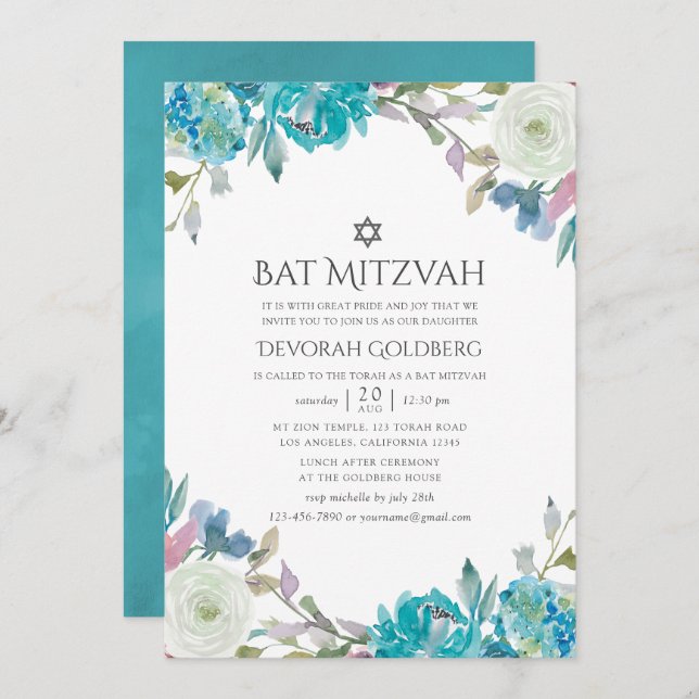 Dusty Blue and Turquoise Floral Bat Mitzvah Invitation (Front/Back)