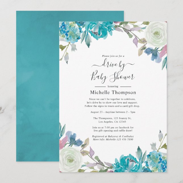 Dusty Blue and Turquoise Floral Drive By Shower Invitation (Front/Back)