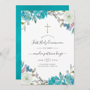Dusty Blue and Turquoise Floral Holy Communion Inv Invitation