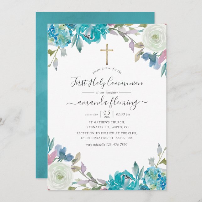Dusty Blue and Turquoise Floral Holy Communion Invitation (Front/Back)