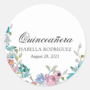 Dusty Blue and Turquoise Floral Quinceañera Classic Round Sticker