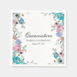 Dusty Blue and Turquoise Floral Quinceañera Napkin