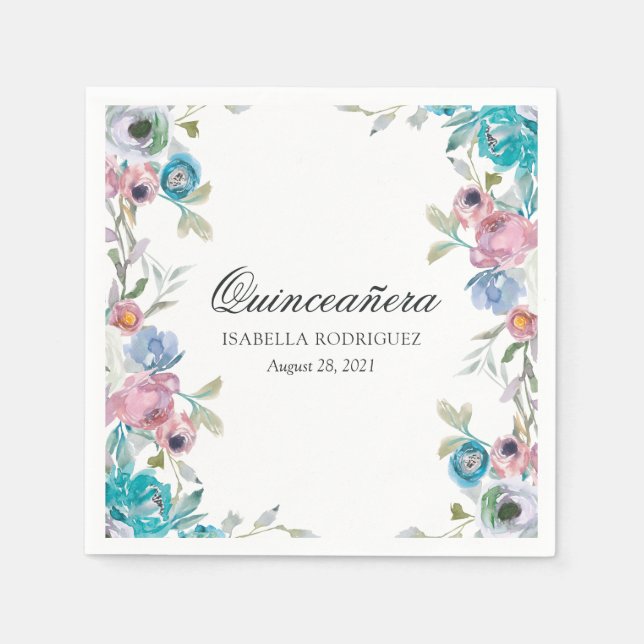 Dusty Blue and Turquoise Floral Quinceañera Napkin (Front)