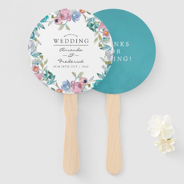 Dusty Blue and Turquoise Floral Wedding Favour Hand Fan (Front and Back)