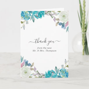 Dusty Blue and Turquoise Floral Wedding Photo Thank You Card