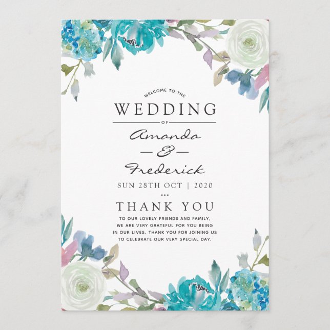 Dusty Blue and Turquoise Floral Wedding Programme (Front)