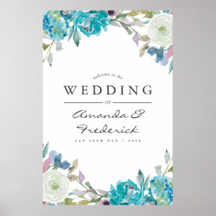 Dusty Blue and Turquoise Floral Wedding Welcome Poster