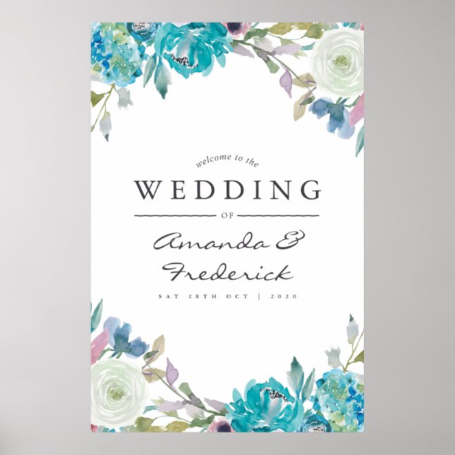 Dusty Blue and Turquoise Floral Wedding Welcome Poster (Front)