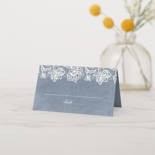 Dusty Blue and Vintage Lace Wedding Place Card (Front)