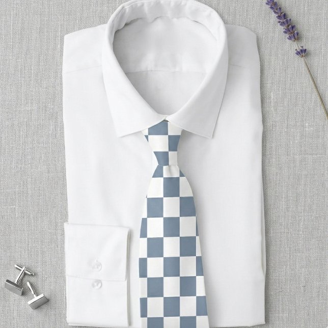 Dusty Blue and White Chequerboard Wedding Tie (Dusty blue and white checkerboard geometric pattern tie for your wedding.)