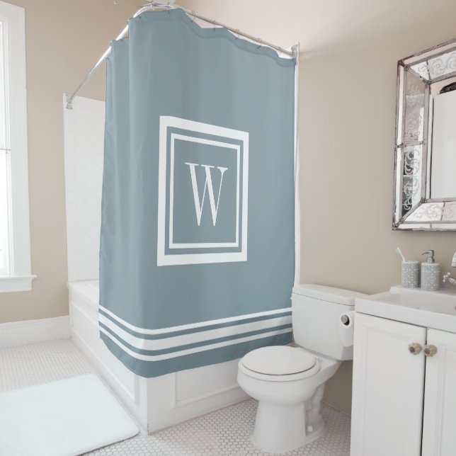 Dusty Blue and White Classic Square Monogram Shower Curtain (In Situ)
