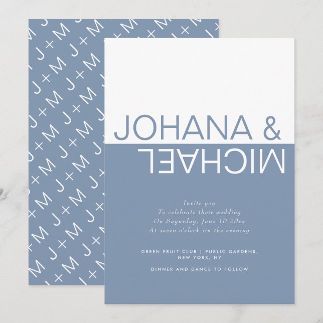 Dusty blue and white colorblock whimsical wedding  invitation (Front/Back)