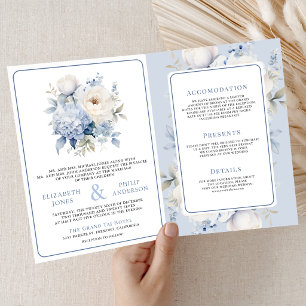Dusty Blue and White Floral All in One Wedding Invitation