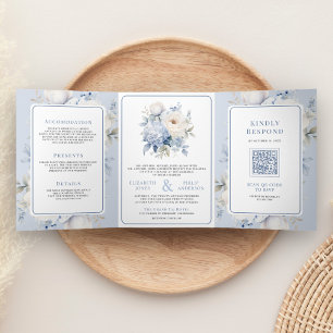 Dusty Blue and White Floral All in One Wedding Tri-Fold Invitation