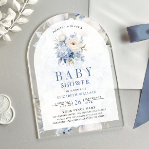 Dusty Blue and White Floral Baby Shower Acrylic Invitations