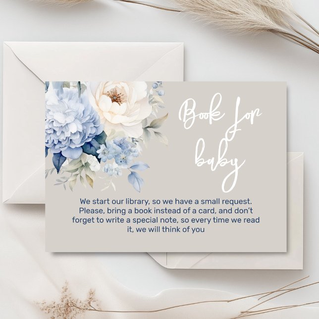 Dusty blue and white floral baby shower card (Dusty blue and beige watercolor peonies floral baby shower invitation, gender neutral)
