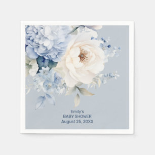 Dusty blue and white floral baby shower card napkin