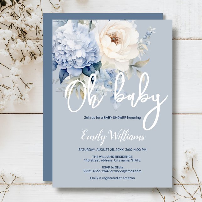 Dusty blue and white floral baby shower invitation (Dusty blue watercolor flowers peonies rustic gender neutral baby shower invitation )