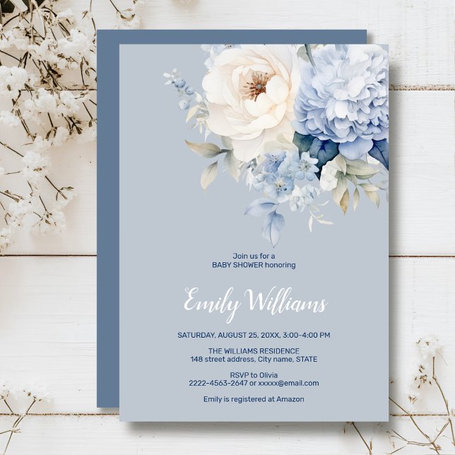 Dusty blue and white floral baby shower invitation (Dusty blue watercolor flowers peonies rustic gender neutral baby shower invitation )
