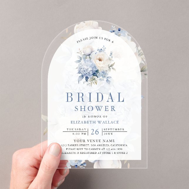 Dusty Blue and White Floral Bridal Shower Acrylic Invitations (Insitu (Handheld))