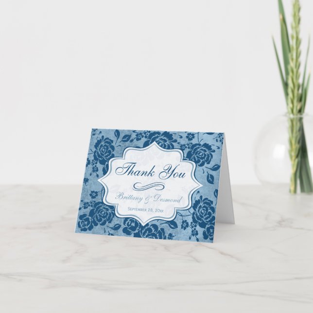 Dusty Blue and White Floral Damask Thank You Card (Front)