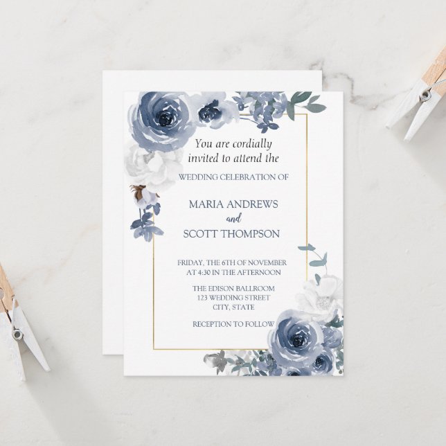 Dusty Blue And White Floral Gold Botanical Wedding Invitation (Front/Back In Situ)