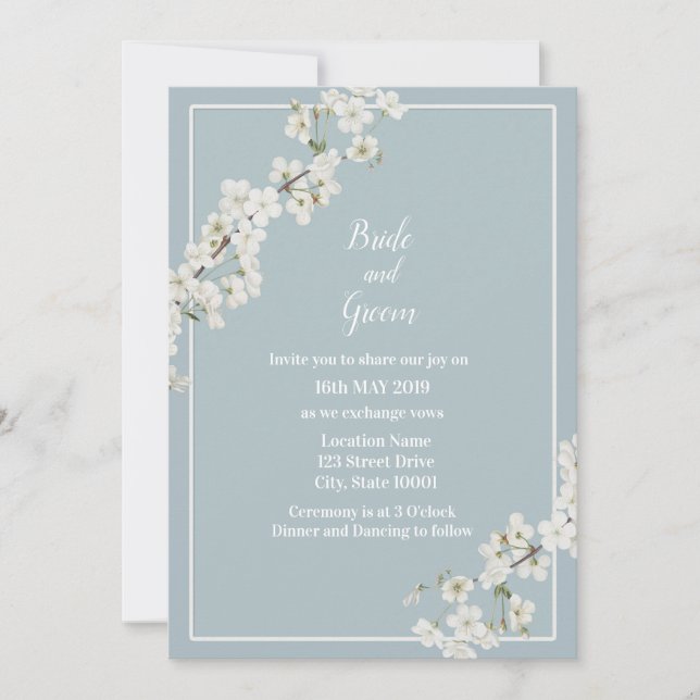 Dusty blue and white floral Invitation (Front)