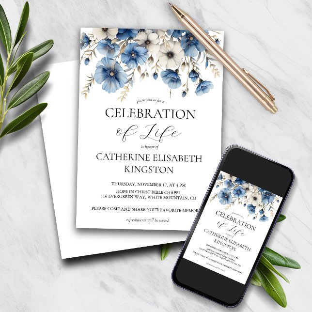 Dusty Blue and White Floral Memorial Invitation (Creator Uploaded)