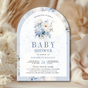 Dusty Blue and White Floral QR Code Baby Shower Invitation