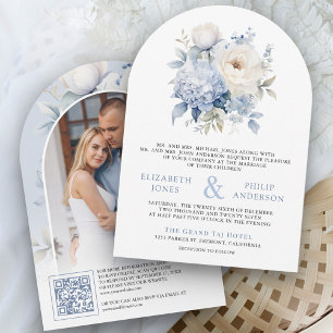 Dusty Blue and White Floral QR Code Photo Wedding Invitation