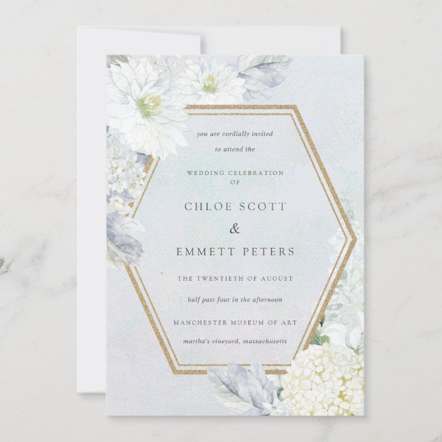 Dusty Blue and White Floral Watercolor Wedding Invitation (Front)