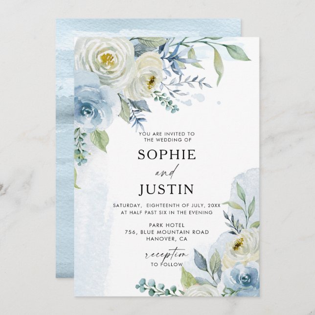 Dusty Blue and White Floral Wedding Invitation (Front/Back)